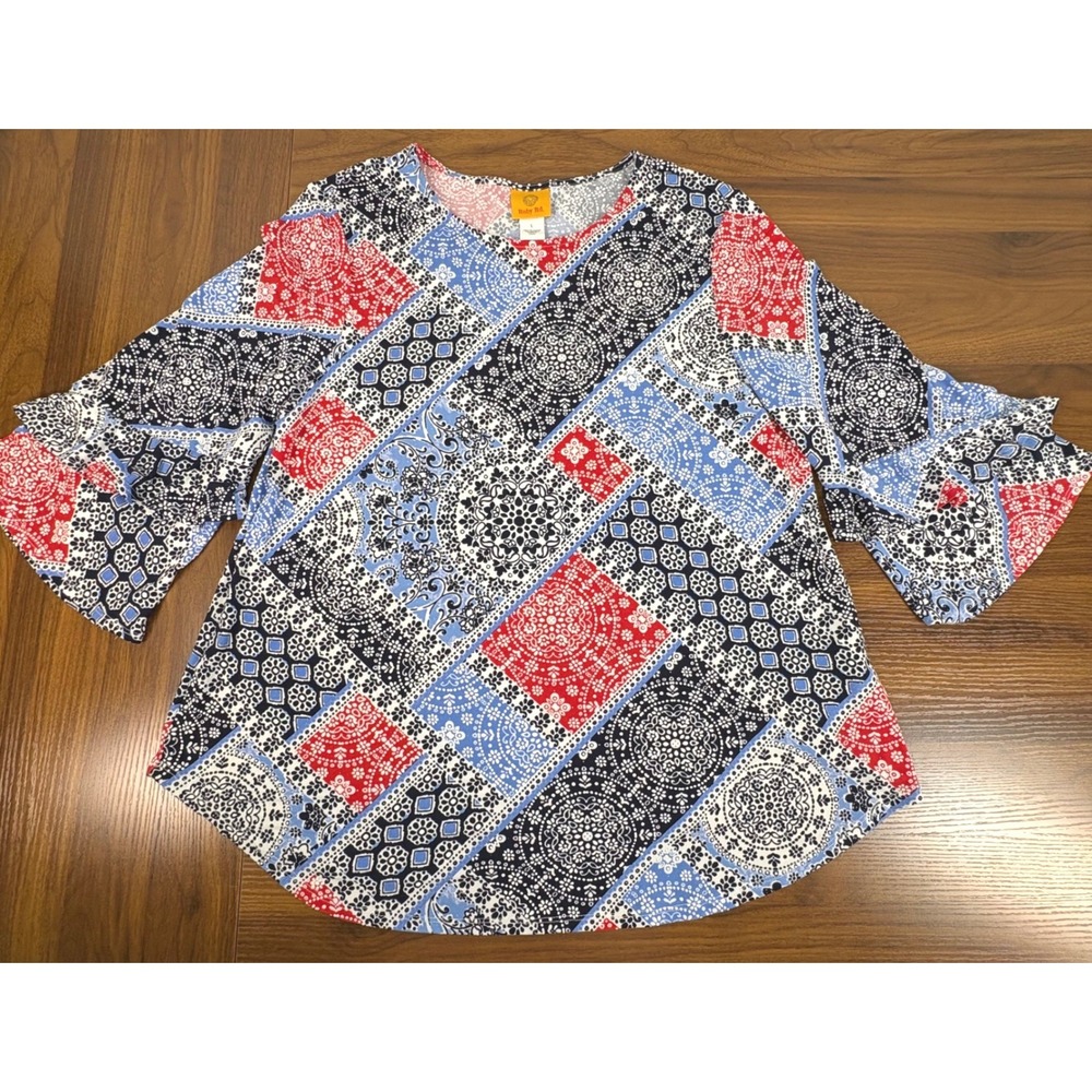 Ruby Rd Womens 3/4 Tiered Flounce Sleeve Bandana Patchwork Top Red Blue L Boho - Picture 3 of 11